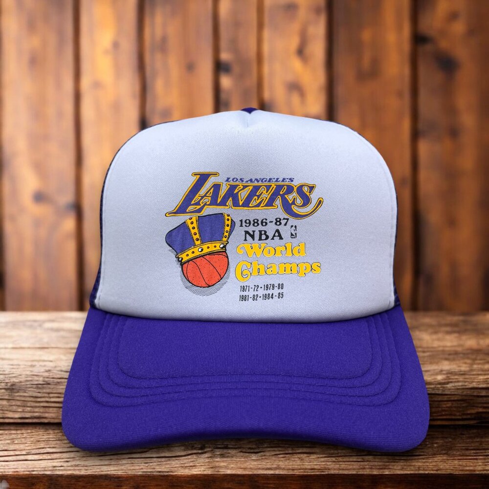 Los Angeles Lakers 1986-1987 World Champions Mens Trucker Hat Purple Snapback